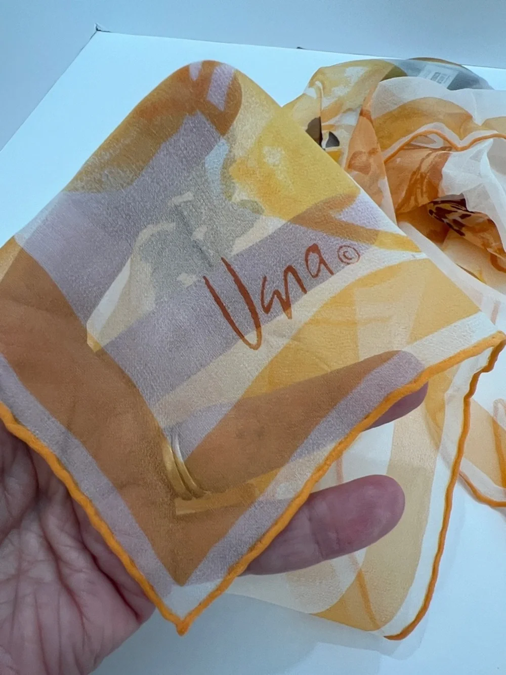 Vintage Vera Neumann Yellows, apricots & touch of brown Sheer scarf 42” x 13”